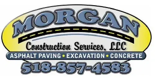 Logo for Morgan Construction Services, LLC, featuring a road graphic and text: "Asphalt Paving, Excavation, Concrete." Trusted paving contractor Saratoga & Warren County, NY. Phone number 518-857-4583 is displayed at the bottom.