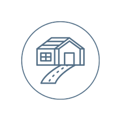 Simple black line drawing of a house with a driveway, enclosed in a circular border on a transparent background—ideal for a paving contractor Saratoga & Warren County, NY business logo.