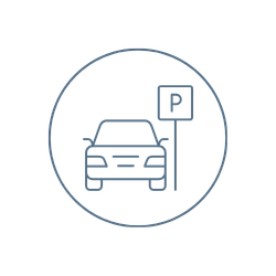 A simple line drawing of a car parked next to a parking sign inside a circular border, symbolizing a parking area—ideal for paving contractor Saratoga & Warren County, NY branding.
