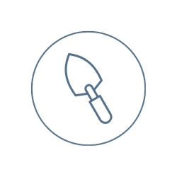 A simple line drawing of a trowel inside a circle, symbolizing a tool often used by NY paving contractor Saratoga & Warren County for gardening or masonry projects.