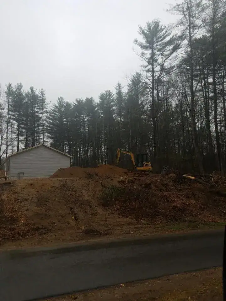 A small excavator sits on a dirt mound near a white house, surrounded by tall pine trees on a cloudy, overcast day. A road runs in front of the scene.