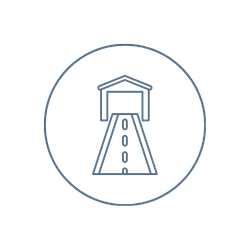 A simple line drawing of a water tower inside a circle, with a structure on top and a tapered base featuring a vertical row of dots—ideal for illustrating paving contractor Saratoga & Warren County, NY branding.