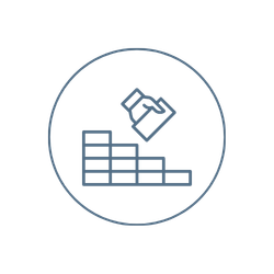 A line drawing of a hand placing a block on top of a bar graph, enclosed in a circular border—symbolizing growth, progress, or building success for a paving contractor in Saratoga & Warren County, NY.