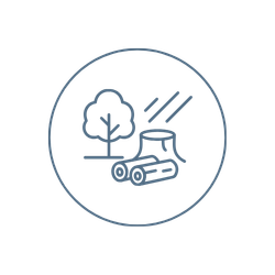 Line drawing of a tree, logs, and a forestry machine within a circle, symbolizing logging or deforestation activities—ideal for paving contractor Saratoga & Warren County, NY branding.