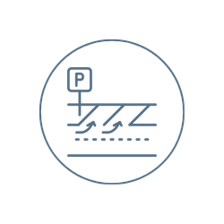 A circular icon shows a parking sign with three electric car charging stations lined up, indicated by charging cables and plugs, on a minimalistic line drawing—ideal for projects by a paving contractor in Saratoga & Warren County, NY.