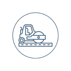Outline icon of an excavator with a bucket, working on a construction site for a paving contractor Saratoga & Warren County, NY, all enclosed within a circular border.