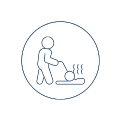Line drawing of a person mowing grass with a push lawn mower, enclosed in a circle—a simple design perfect for NY landscaping or paving contractor Saratoga & Warren County branding.
