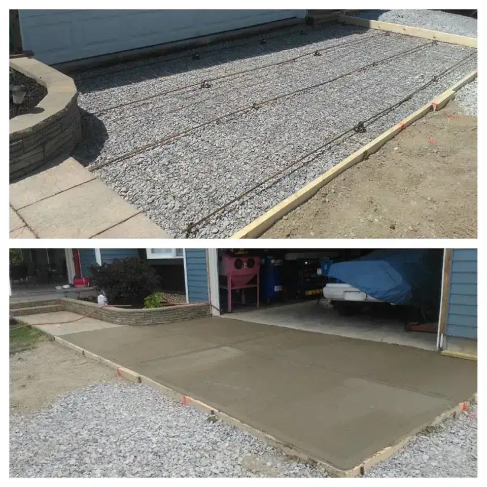 Two images show a driveway construction process: the top image displays a gravel base with rebar laid out; the bottom image shows the same driveway after smooth concrete has been freshly poured and leveled.